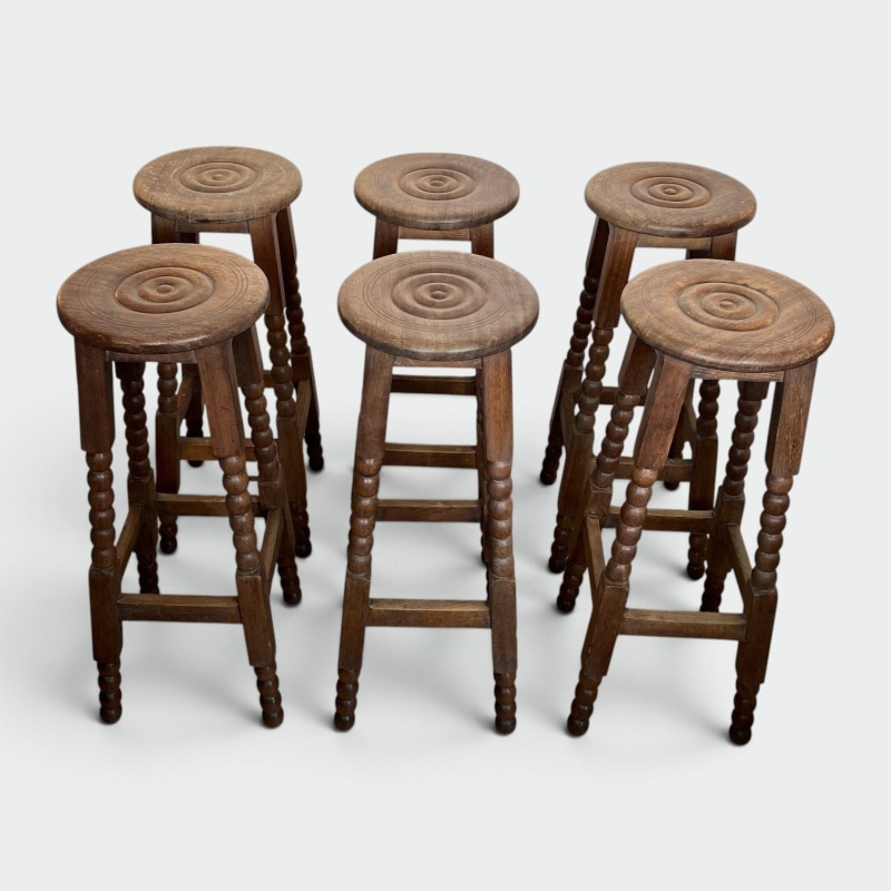 Set of Six Oak Bar Stools with String-Turned Uprights, Neoclassical, French Work, Attributed to Charles Dudouyt, circa 1950