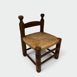 Low Chair in Turned Wood with Rush Seat, Rustic Modern, French Work, Attributed to Charles Dudouyt, circa 1940