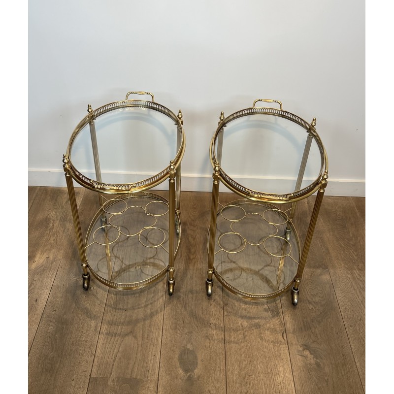 Pair of Graduated Oval Bar Carts in Brass with an Openwork, Neoclassical, French Work, in the Style of Maison Baguès, circa 1950
