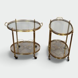 Pair of Graduated Oval Bar Carts in Brass with an Openwork, Neoclassical, French Work, in the Style of Maison Baguès, circa 1950