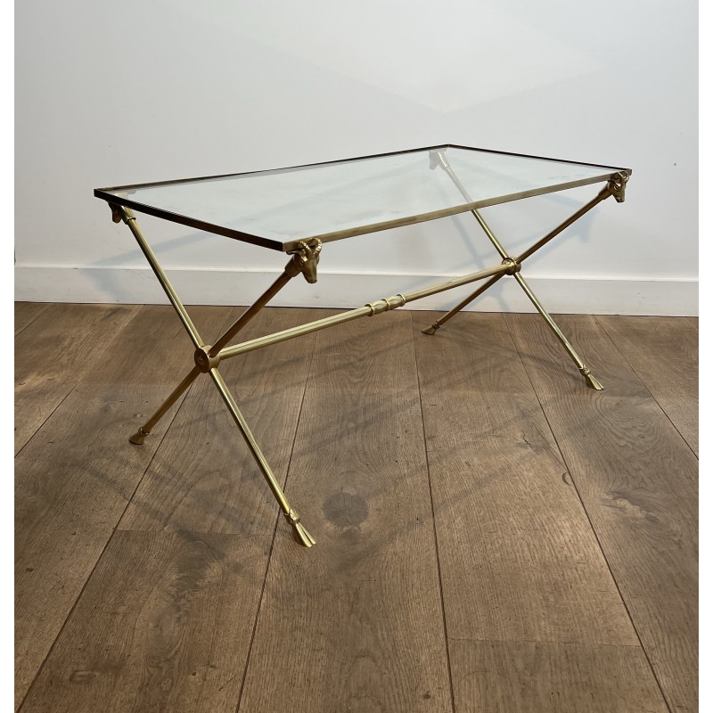 Rectangular Coffee Table in Brass with Ram's Heads, Neoclassical, French Work, by Maison Ramsay, circa 1940