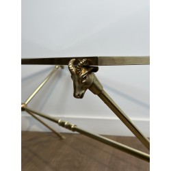 Rectangular Coffee Table in Brass with Ram's Heads, Neoclassical, French Work, by Maison Ramsay, circa 1940