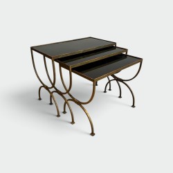 Set of Three Gilt Wrought Iron Nesting Tables with Curule Base, Neoclassical, French Work, by Maison Ramsay, circa 1940