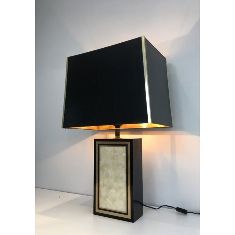 Tall Black Lacquered Wood, Gilt and Nacre Table Lamp, French Work, circa 1970