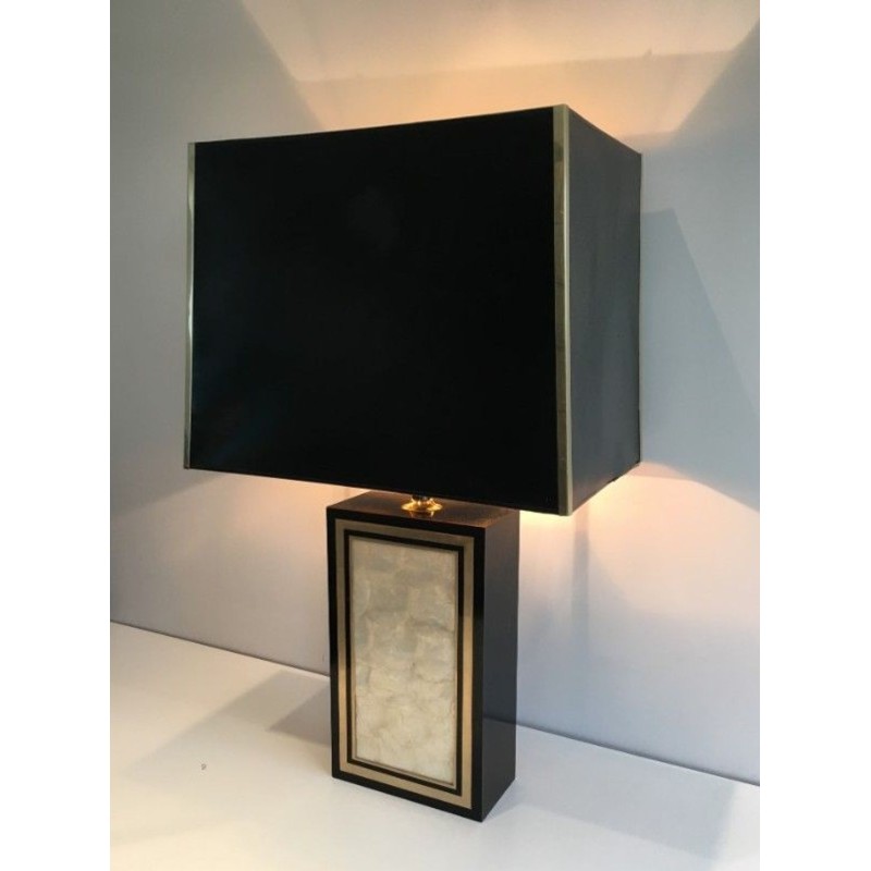 Tall Black Lacquered Wood, Gilt and Nacre Table Lamp, French Work, circa 1970