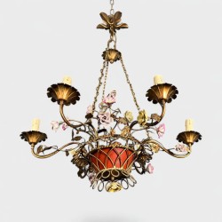 Basket Chandelier in Gilt Metal with Six Lights, Bouquet of Roses in Polychrome Porcelain, Circa 1900