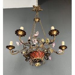 Basket Chandelier in Gilt Metal with Six Lights, Bouquet of Roses in Polychrome Porcelain, Circa 1900