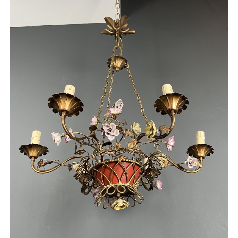 Basket Chandelier in Gilt Metal with Six Lights, Bouquet of Roses in Polychrome Porcelain, Circa 1900