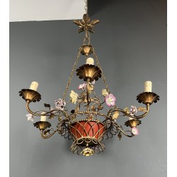 Basket Chandelier in Gilt Metal with Six Lights, Bouquet of Roses in Polychrome Porcelain, Circa 1900