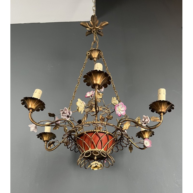 Basket Chandelier in Gilt Metal with Six Lights, Bouquet of Roses in Polychrome Porcelain, Circa 1900