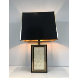 Tall Black Lacquered Wood, Gilt and Nacre Table Lamp, French Work, circa 1970