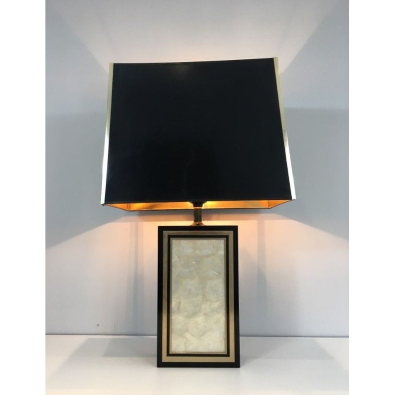 Tall Black Lacquered Wood, Gilt and Nacre Table Lamp, French Work, circa 1970