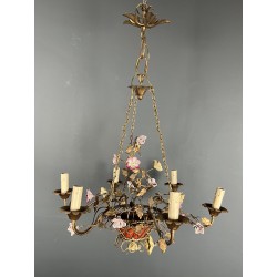 Basket Chandelier in Gilt Metal with Six Lights, Bouquet of Roses in Polychrome Porcelain, Circa 1900