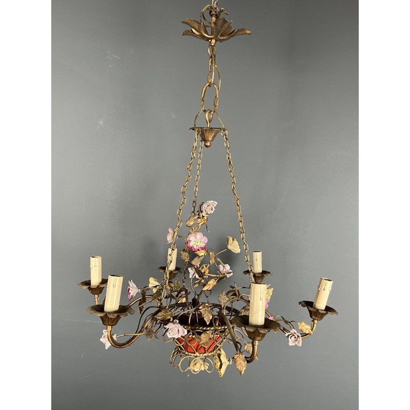 Basket Chandelier in Gilt Metal with Six Lights, Bouquet of Roses in Polychrome Porcelain, Circa 1900