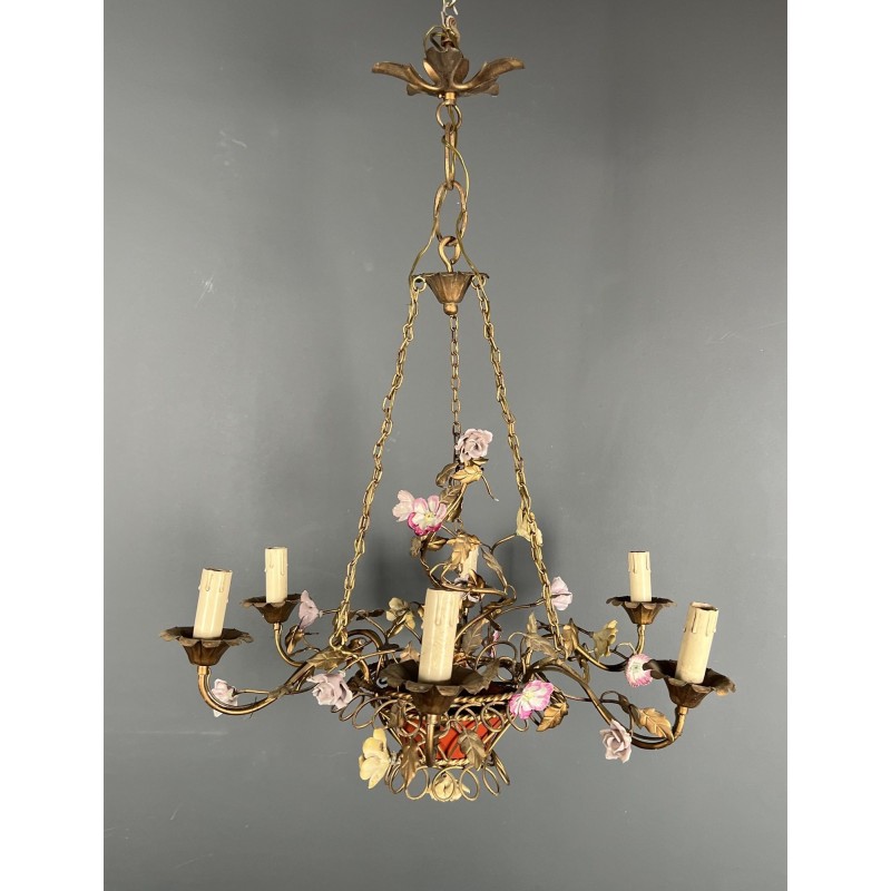 Basket Chandelier in Gilt Metal with Six Lights, Bouquet of Roses in Polychrome Porcelain, Circa 1900