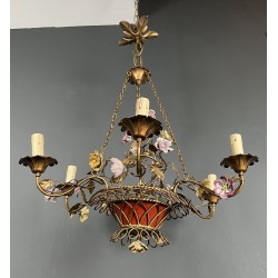 Basket Chandelier in Gilt Metal with Six Lights, Bouquet of Roses in Polychrome Porcelain, Circa 1900