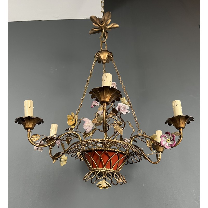 Basket Chandelier in Gilt Metal with Six Lights, Bouquet of Roses in Polychrome Porcelain, Circa 1900