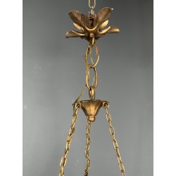 Basket Chandelier in Gilt Metal with Six Lights, Bouquet of Roses in Polychrome Porcelain, Circa 1900