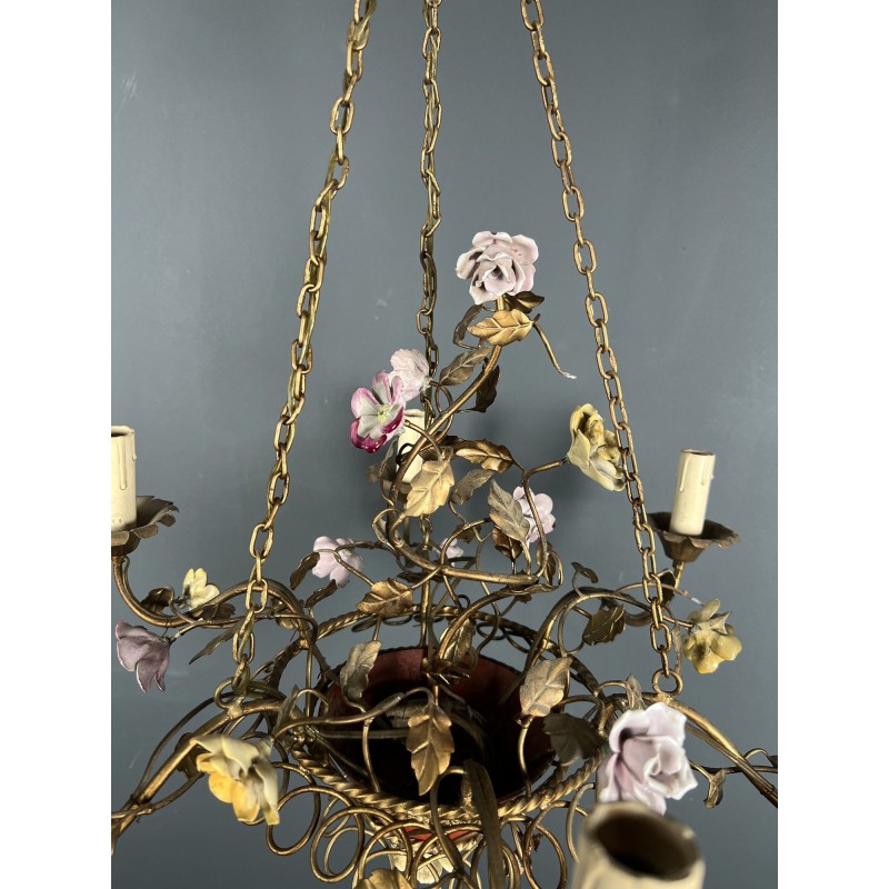 Basket Chandelier in Gilt Metal with Six Lights, Bouquet of Roses in Polychrome Porcelain, Circa 1900