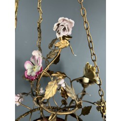 Basket Chandelier in Gilt Metal with Six Lights, Bouquet of Roses in Polychrome Porcelain, Circa 1900