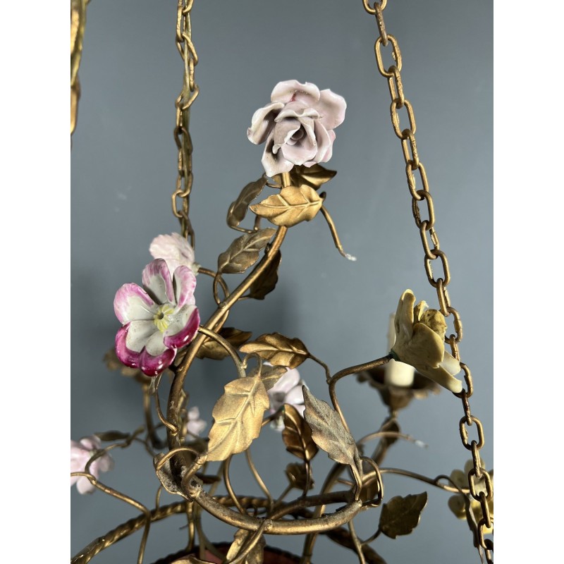 Basket Chandelier in Gilt Metal with Six Lights, Bouquet of Roses in Polychrome Porcelain, Circa 1900