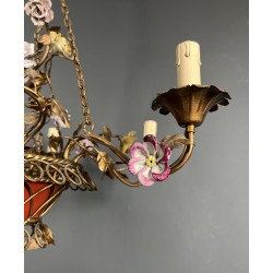 Basket Chandelier in Gilt Metal with Six Lights, Bouquet of Roses in Polychrome Porcelain, Circa 1900