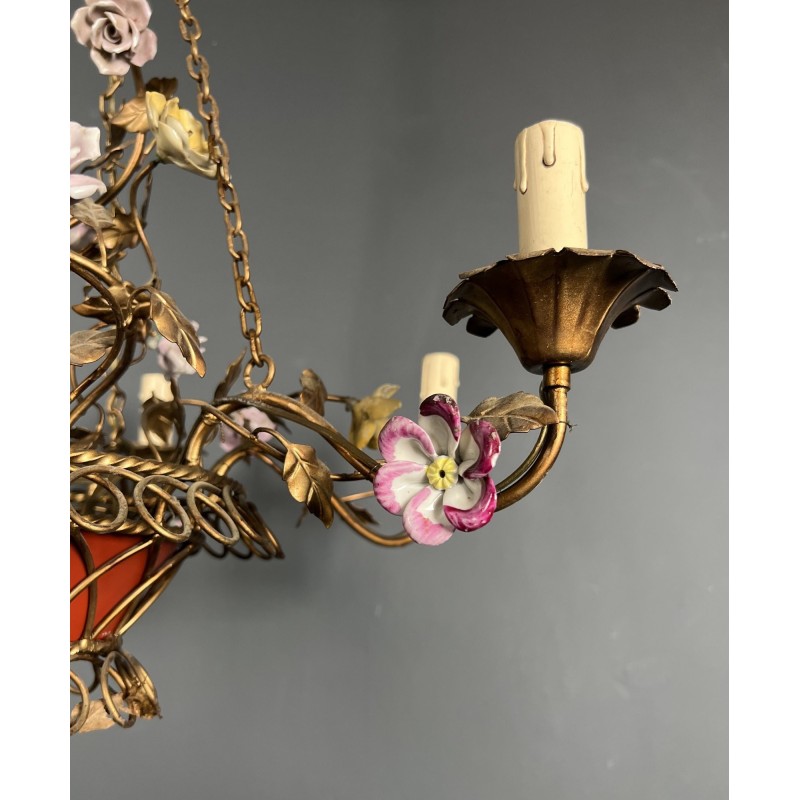 Basket Chandelier in Gilt Metal with Six Lights, Bouquet of Roses in Polychrome Porcelain, Circa 1900