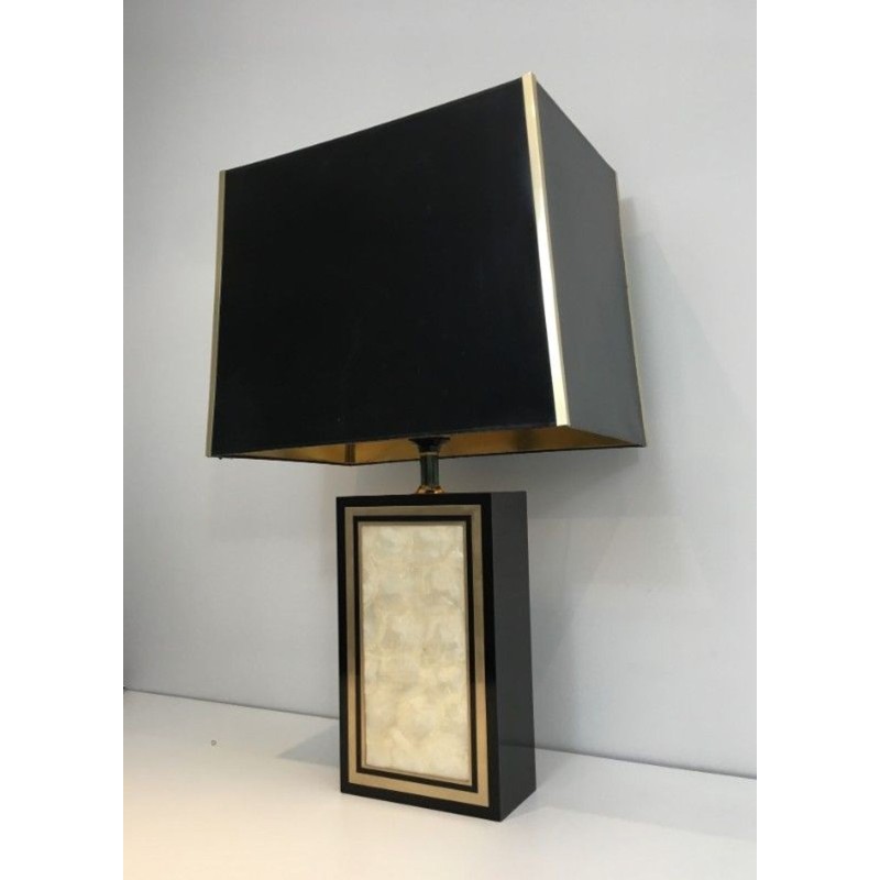 Tall Black Lacquered Wood, Gilt and Nacre Table Lamp, French Work, circa 1970