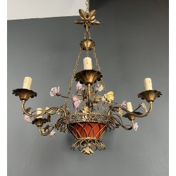 Basket Chandelier in Gilt Metal with Six Lights, Bouquet of Roses in Polychrome Porcelain, Circa 1900