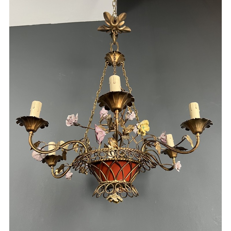 Basket Chandelier in Gilt Metal with Six Lights, Bouquet of Roses in Polychrome Porcelain, Circa 1900