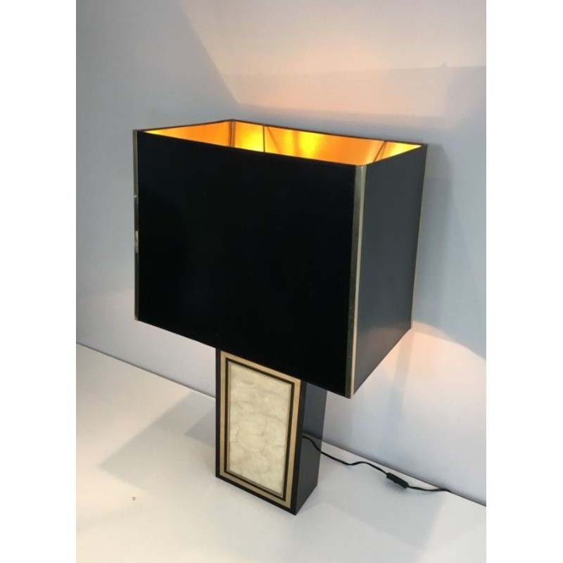 Tall Black Lacquered Wood, Gilt and Nacre Table Lamp, French Work, circa 1970