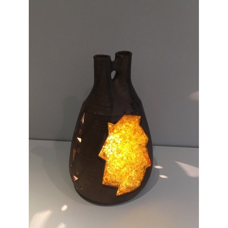 Unusual Ceramic and Amber Glass Table Lamp, circa 1970