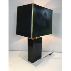 Tall Black Lacquered Wood, Gilt and Nacre Table Lamp, French Work, circa 1970