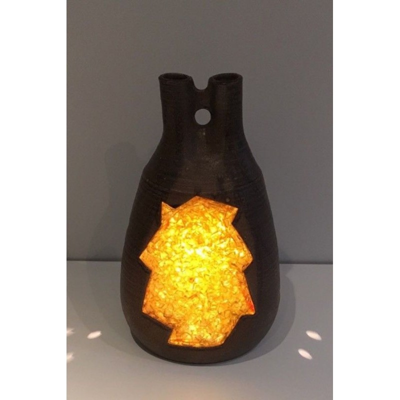 Unusual Ceramic and Amber Glass Table Lamp, circa 1970