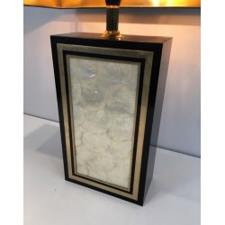 Tall Black Lacquered Wood, Gilt and Nacre Table Lamp, French Work, circa 1970