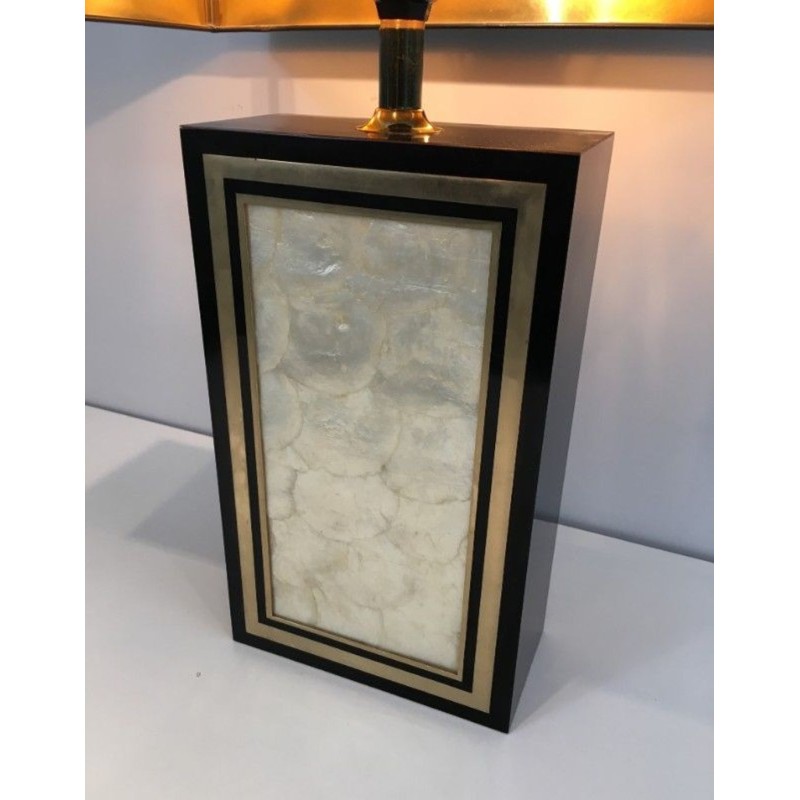 Tall Black Lacquered Wood, Gilt and Nacre Table Lamp, French Work, circa 1970