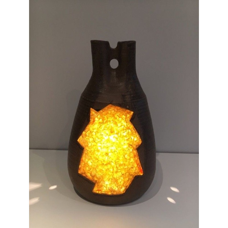 Unusual Ceramic and Amber Glass Table Lamp, circa 1970