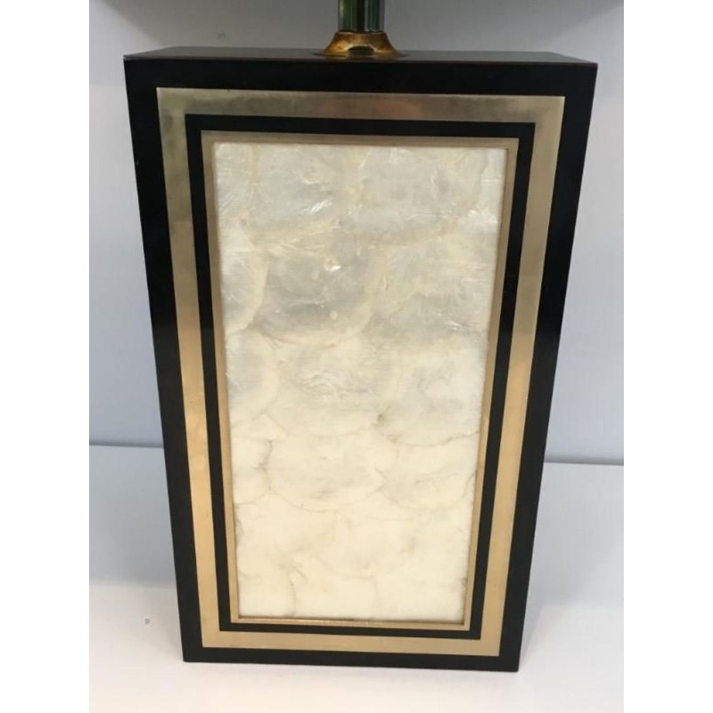 Tall Black Lacquered Wood, Gilt and Nacre Table Lamp, French Work, circa 1970