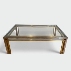 Bicolour Rectangular Coffee Table in Chrome and Brass with a Glass Top, Willy Rizzo, French Work, 1970s.