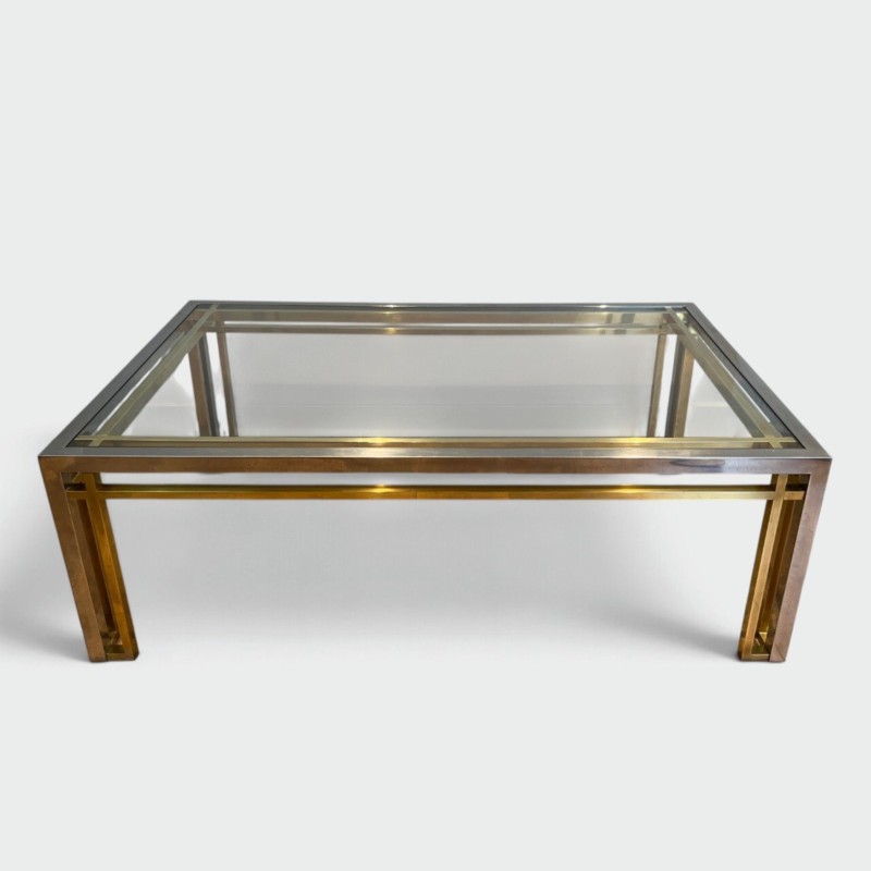 Bicolour Rectangular Coffee Table in Chrome and Brass with a Glass Top, Willy Rizzo, French Work, 1970s.