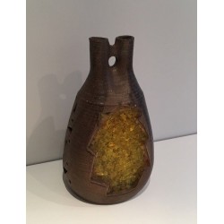 Unusual Ceramic and Amber Glass Table Lamp, circa 1970