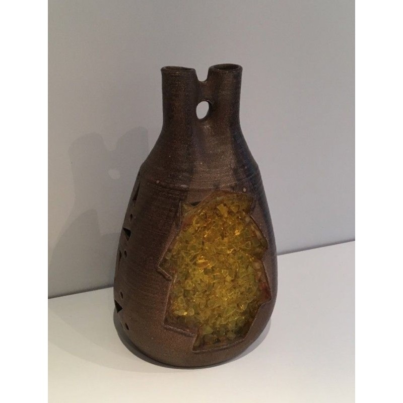 Unusual Ceramic and Amber Glass Table Lamp, circa 1970