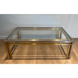 Bicolour Rectangular Coffee Table in Chrome and Brass with a Glass Top, Willy Rizzo, French Work, 1970s.