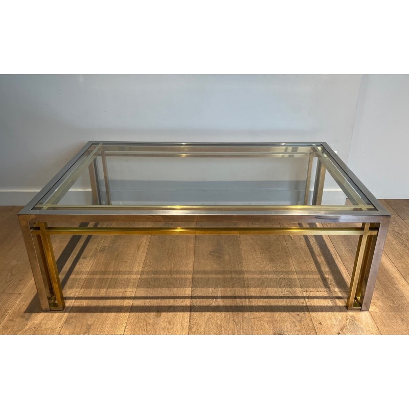Bicolour Rectangular Coffee Table in Chrome and Brass with a Glass Top, Willy Rizzo, French Work, 1970s.