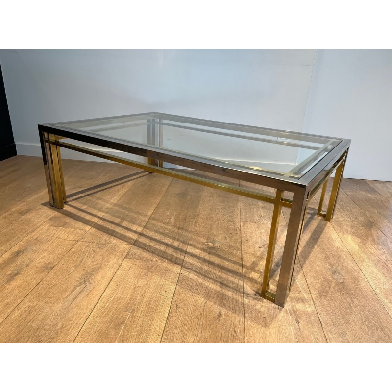 Bicolour Rectangular Coffee Table in Chrome and Brass with a Glass Top, Willy Rizzo, French Work, 1970s.