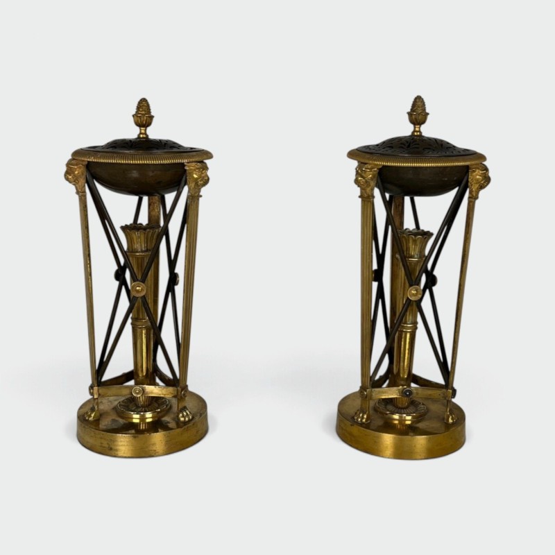Pair of Perfume Burners in Gilt and Patinated Bronze in the Empire Style, in the Style of Claude Galle, 19th Century