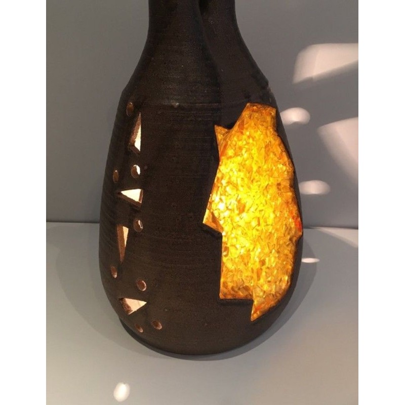 Unusual Ceramic and Amber Glass Table Lamp, circa 1970