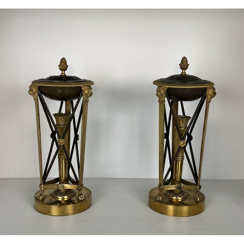 Pair of Perfume Burners in Gilt and Patinated Bronze in the Empire Style, in the Style of Claude Galle, 19th Century