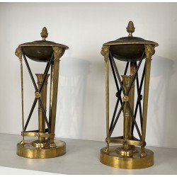 Pair of Perfume Burners in Gilt and Patinated Bronze in the Empire Style, in the Style of Claude Galle, 19th Century