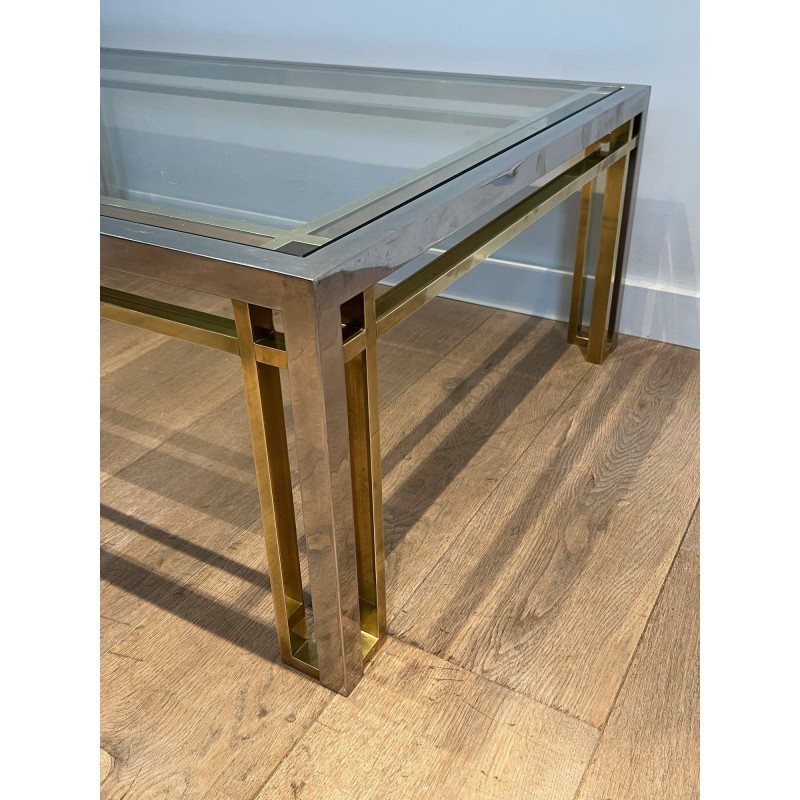 Bicolour Rectangular Coffee Table in Chrome and Brass with a Glass Top, Willy Rizzo, French Work, 1970s.
